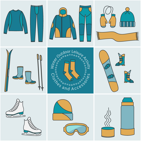 Winter outdoor leisure activity Clothes and Accessories, color graphical elements, iconsのイラスト素材