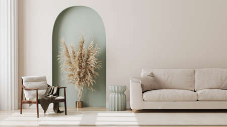 living room interior mock up, modern furniture and decorative green arch with trendy dried flowers,...
