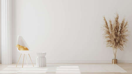 Empty room interior with column and white chair with yellow pillow, coffee table on white wall background, modern living room mock up,  3d renderingの写真素材