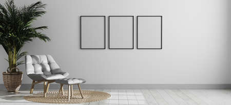 Three empty vertical picture frame mockup in bright modern room interior with gray armchair and palm...