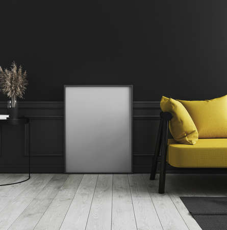 Blank vertical poster frame mock up standing on white wooden floor in dark modern interior...