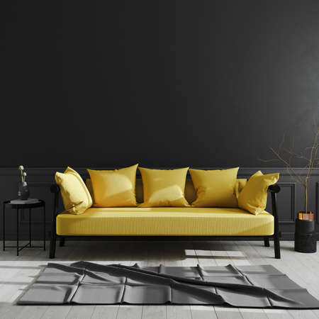 Dark living room interior with yellow sofa mock up, luxury modern living room interior background, black wall, scandinavian style, 3d renderingの写真素材