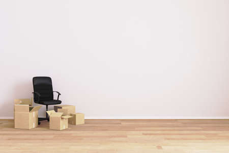 Empty room with chair and carton boxes. Moving concept. Apartment moving. House moving. Room for...