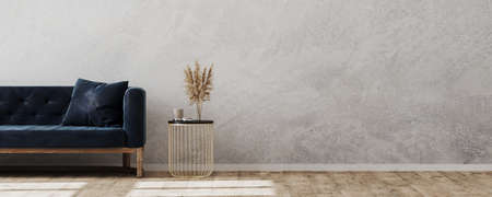 Empty gray wall interior with blue sofa and cofee table with decoration, wooden floor, panoramic, 3d renderingの写真素材