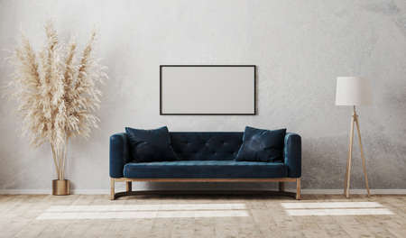 Blank horizontal frame on gray decorative plaster wall in modern  living room interior with dark blue sofa, floor lamp, 3d renderingの写真素材