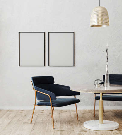 Black vertical poster frame mock up in dinning room modern interior with luxury dark blue chairs and...