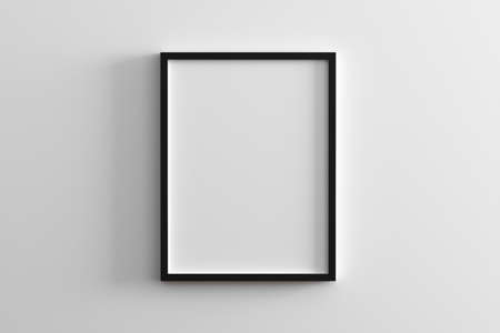 blank frame on white wall mock up, vertical black poster frame on wall,  picture frame isolated on a wall, mock up for picture or photo frame,  empty frame on bright wall, 3d renderの写真素材