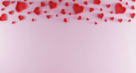 Valentines day pink background with red hearts on top. Valentines day concept. Top view. Romantic...