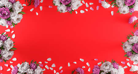 Red background with white and purple peonies and flower petals from top view. Wedding invitation...