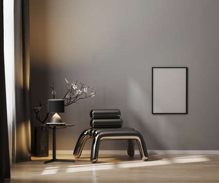 Blank poster frame on gray wall in luxury interior background in dark tones with metal armchair, frame mock up in modern interior background, 3d renderingの写真素材