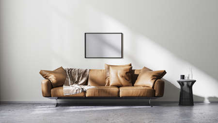 frame mock up in modern living room interior with white wall and sun rays, brown leather sofa and...