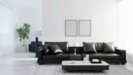 blank frames mock up in modern living room interior with black leather sofa, white empty wall,...
