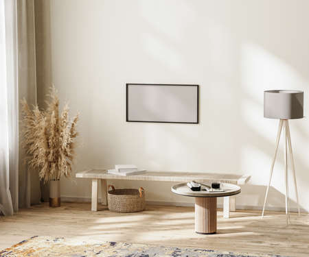 frame mockup in scandinavian minimalist room interior in neutral colors with furniture, 3d...