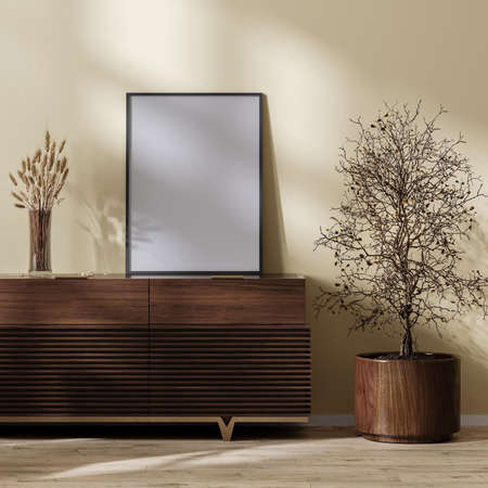 poster frame mock up on wooden chest of drawers in living room home interior with dried  grass plants, 3d renderingの写真素材