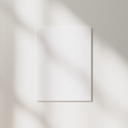blank poster mock up with sunlight and window shadows on white wall background, 3d renderingの写真素材