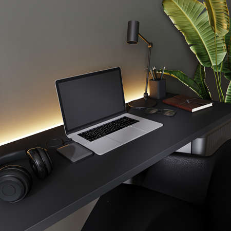 home office interior background, modern interior in black and gray tones, home workplace, 3d renderingの写真素材