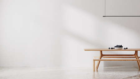 white room with wooden table and bench, dinning room mock up, empty wall, 3d rendering