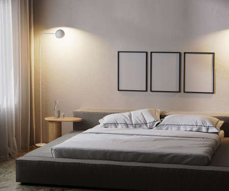 frames mock up in modern bedroom interior in dark with lamp light, 3d renderingの写真素材