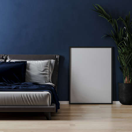 frame mock up on wooden floor near bed and plant in modern bedroom interior with blue wall, 3d renderingの写真素材