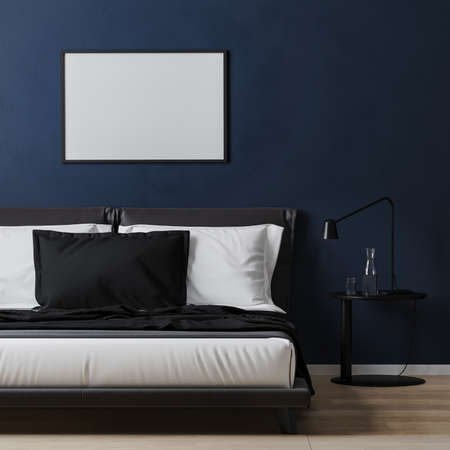 frame mock up on dark blue wall with bed with white and blue pillows, 3d renderingの写真素材