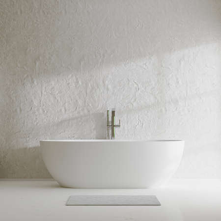 Modern contemporary bathroom design with bathtub and decorative concrete wall with sunlight shadow,...