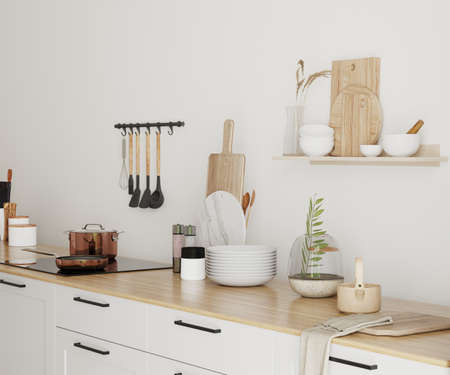 Interior of light modern kitchen with wooden counter and shelves with kitchen utensils, 3d renderの写真素材
