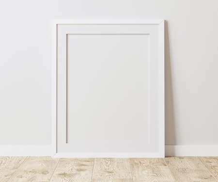 Blank white frame with mat on wooden floor with white wall, 4:5 ratio - 40x50 cm, 16 x 20 inches,...