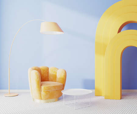 Brightly coloured modern interior with yellow furniture and arches with blue wall, 3d rendering