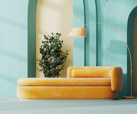 Modern colorful interior of lounge zone with orange sofa with floor lamp, yellow wall and blue...