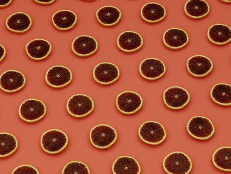 orange surface covered with graipfruit slices, fruit geometric background, flatlay, 3d rendering