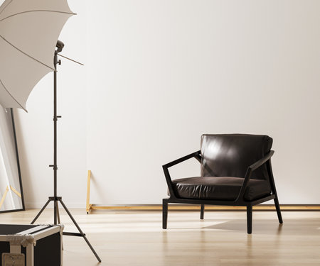 Photo studio with lightning equipment and white backgrond, 3d renderingの写真素材