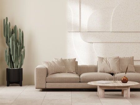 Modern living room interior in beige tones with sofa, cactus and stone wall panel, 3d renderの写真素材