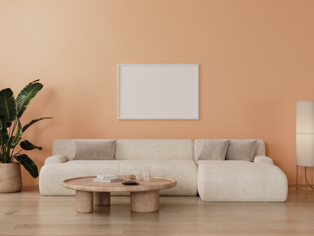 Horizontal frame mock up in modern living room interior in peach fuzz color, 3d renderingの写真素材