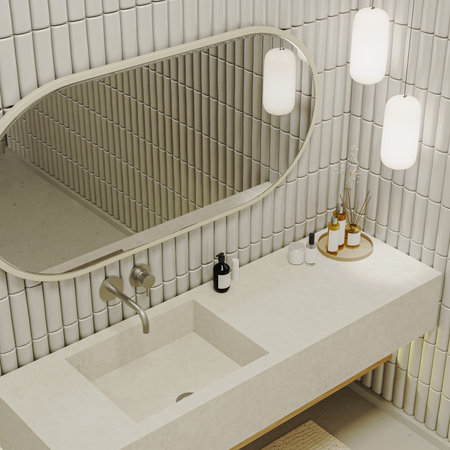 modern bathroom interior with stone sink and metal fauceta, mirror, toiletries and cosmetics, 3d renderingの写真素材