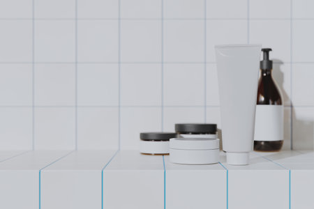 Cream jar and tube containers mock-up with white tile background, 3d render