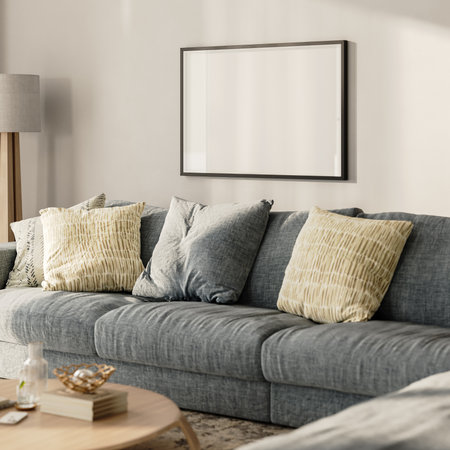Blank horizontal frame mock-up in modern living room interior, 3d renderの写真素材