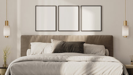 three blank poster frames above bed in modern bedroom interior, 3d renderの写真素材