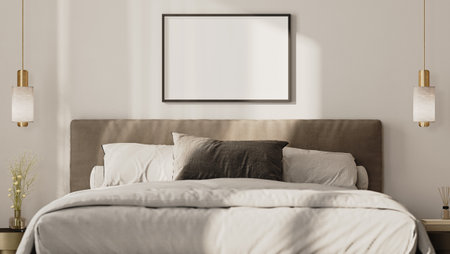 horizontal picture frame mock up above bed in modern bedroom interior, 3d renderの写真素材