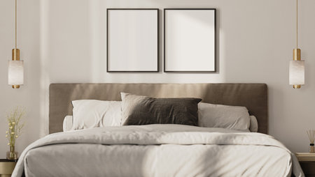 Two empty frames mock up above the bed in modern bedroom interior, front view, 3d renderの写真素材