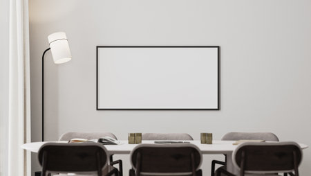 empty picture wide frame mock-up in meeting room interior with long desk,modern chairs and floor lamp, 3d renderの写真素材