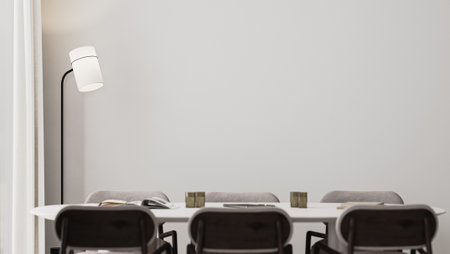 meeting room interior with long desk,modern chairs and floor lamp, empty white wall mock-up, 3d renderの写真素材