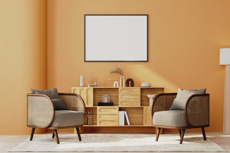 horizontal  frame mock-up in bright orange wall interior, living room with armchairs and cabinets,...
