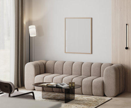 blank wooden frame mock-up in modern living room interior with beige sofa, floor lamp near curtains,...