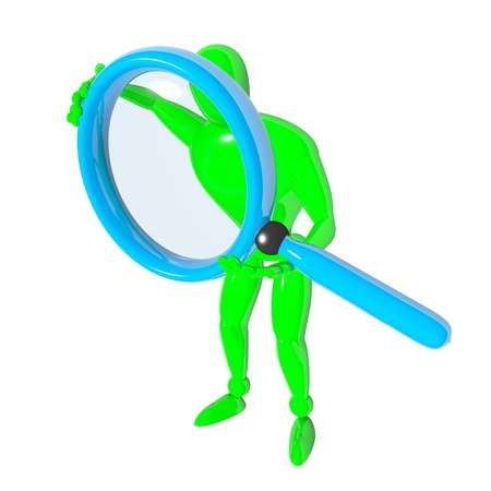 3d man with blue magnifier loupe isolated renderedの写真素材