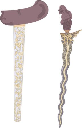 The kris or keris, with its elaborately carved handle and wavy blade is a unique icon in Malay cultural history. Historically, the Kris was used as a weapon for Malay self-defense and martial arts.のイラスト素材