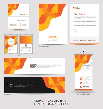 Modern colorful stationery mock up set and visual brand identity with abstract colorful dynamic background shape. Vector illustration mock up for branding, cover, card, product, event, banner, website.のイラスト素材