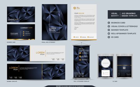 Modern navy blue polygonal stationery mock up set and visual brand identity with abstract overlap layers background. Vector illustration mock up for branding, cover, card, product, event, banner.のイラスト素材