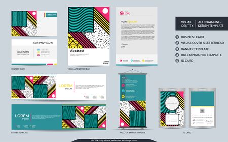 Modern stationery mock up set and visual brand identity with abstract colorful geometry background shape. Vector illustration mock up for branding, cover, card, product, event, banner, website.のイラスト素材