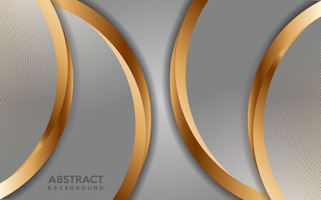 Luxurious white background with golden lines and circular glowing golden dots combinations. Overlap modern backgroundのイラスト素材