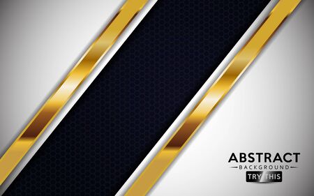 Modern White overlap background vector. Realistic abstract overlap layer on textured black background combine with golden lines.のイラスト素材
